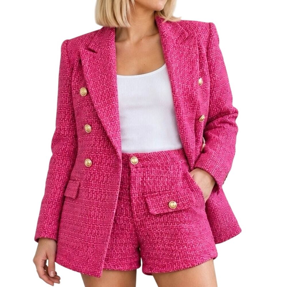 BUDDY LOVE Hot Fuschia Pink Blazer Shorts Tweed Suit Set Gold Metallic Sz XS NWT